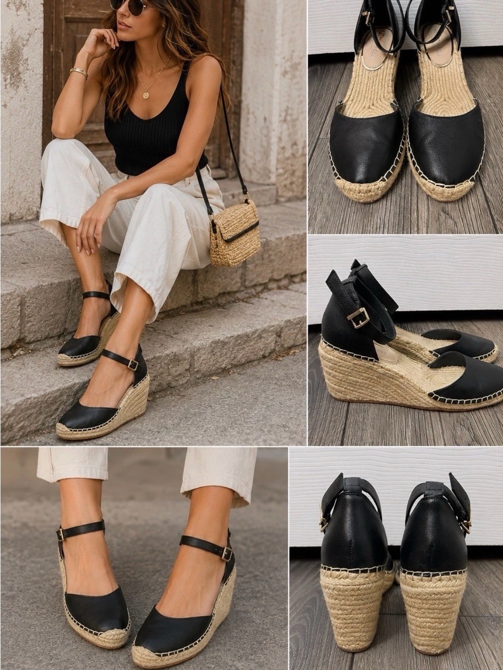 Kenneth Cole Black Leather Espadrille Wedge Sandals Ankle Strap NEW 7.5M
